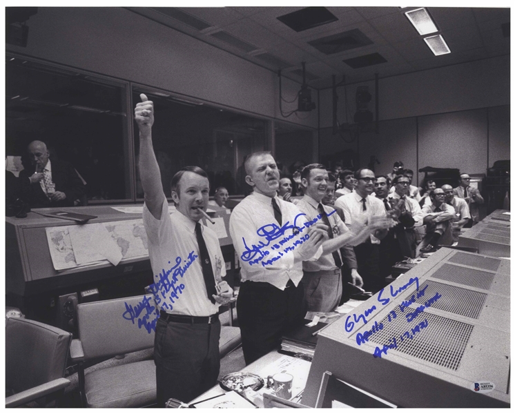 Jubilant Apollo 13 Photo Signed by the the Flight Directors -- Photo Measures 20'' x 16'', With Beckett COA 